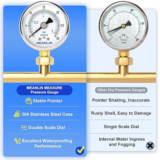 MEANLIN MEASURE 0~30Psi Dry Low Pressure Gauge Stainless Steel 1/8" NPT 2" FACE DIAL Waterproof for Pool Sand Filter Water Oil Air Pressure Test Lower Mount, with 1/4" NPT and 3/8" NPT Hex Bushing