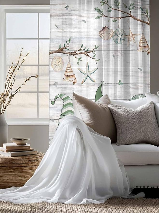 Sheer Curtains 72 Inches Long, Sage Green Gnomes Semi Sheer Curtains Light Filtering Window Treatment, Eucalypus Coastal Anchor Retro Wood Privacy Voile Drapes for Living Room Bedroom 52x72 Inch