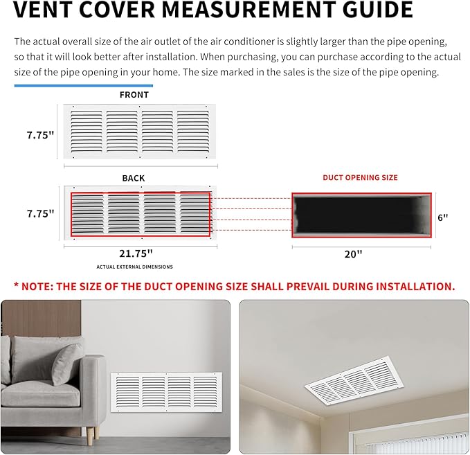 20x6 Air Register(Duct Opening Size),Air Return Vent Cover,Flat Vent Cover,Rejillas De Aire Acondicionado para Casa,Return Air Grilles,Outer Dimensions:21.75"Wx7.75"H(20"W x 6"H, Duct Opening)