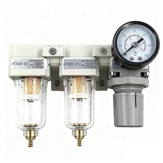 XingNEeng 1/4" NPT Compressed Air Filter Regulator Lubricator (FRL) Combo, Water/Oil Trap Separator, Air Pressure Regulator with Pressure Gauge(0-150 psi), Manual Drain, Poly Bowl, Metal Bracket