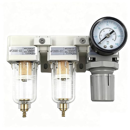 XingNEeng 1/4" NPT Compressed Air Filter Regulator Lubricator (FRL) Combo, Water/Oil Trap Separator, Air Pressure Regulator with Pressure Gauge(0-150 psi), Manual Drain, Poly Bowl, Metal Bracket