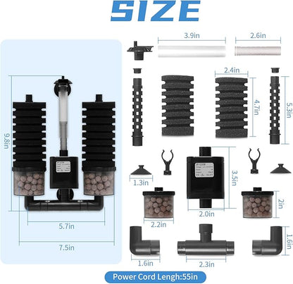 Aquarium Sponge Filter 15-55 Gallon Fish Tank Filter, Electric Power Double Sponge Filter, Quiet Small Low Flow Foam Filter for Fish Tank Betta Shrimp, Intake Dual Sponge Filter Kit w/Bio Balls &Pump