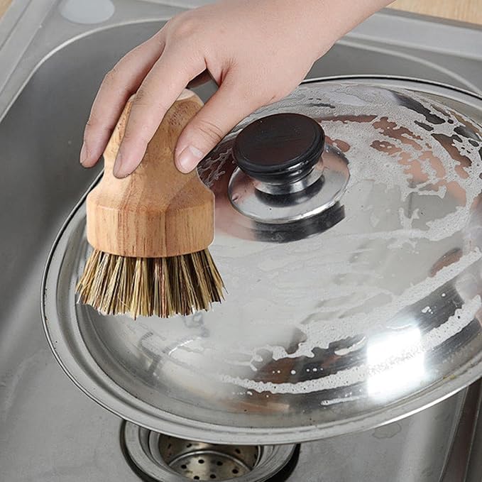 Kitchen Brush, Scrubber Cleaner with Wooden Handle and Drain Rack, Dish Scrubber for Sink Pots Pans Shower Bathroom Grout Tile Washing