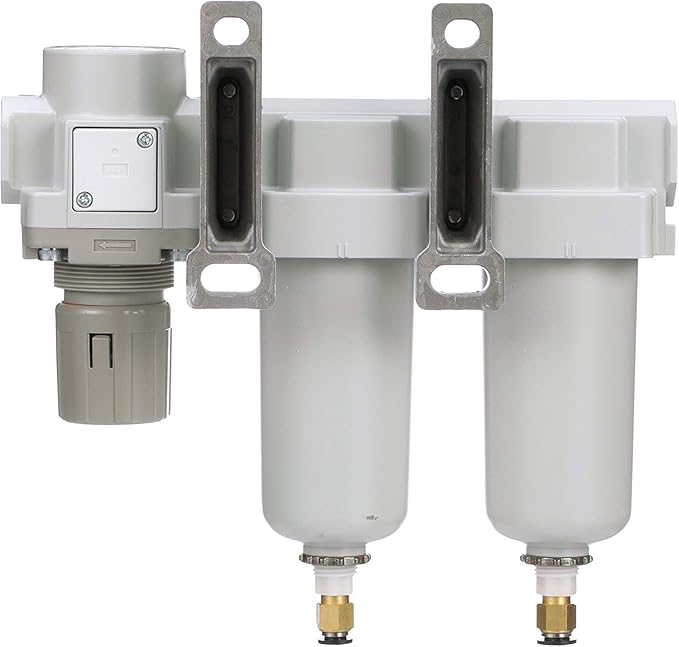 PneumaticPlus SAU430-N04DG-MEP Three Stage Air Drying System Particulate Air Filter, Coalescing Filter, Air Pressure Regulator Combo 1/2" NPT - Metal Bowl, Auto Drain, Bracket, Gauge