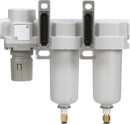 PneumaticPlus SAU430-N04DG-MEP Three Stage Air Drying System Particulate Air Filter, Coalescing Filter, Air Pressure Regulator Combo 1/2" NPT - Metal Bowl, Auto Drain, Bracket, Gauge