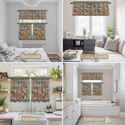 Kitchen Curtains Tiers and Valance Set of 3, Spring Flowers Light Filtering Window Curtain Set, Farmhouse Vintage Black Plaid Wood Grain Rod Pocket Curtain Drapes for Living Room, 36 Inches Tiers
