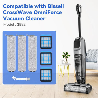 3882 Roller Brush Filter Replacement Part Compatible with Bissell CrossWave OmniForce 3882/3883 /3967F/3970F,3 Brush Rollers,3 Heap Filter,1 Cleaning Brush Accessories Kit