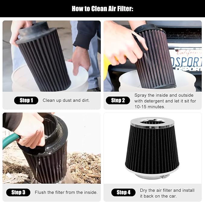 RYANSTAR 89mm 3.5" High Flow Round Tapered Cone Cool Air Filter Cleaner with Top Filter Design Short 150mm tall Black