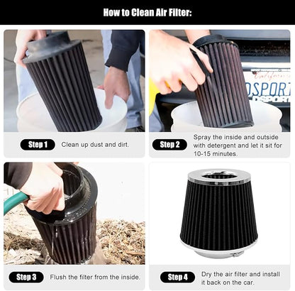 RYANSTAR 89mm 3.5" High Flow Round Tapered Cone Cool Air Filter Cleaner with Top Filter Design Short 150mm tall Black