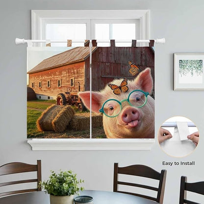 Farm Pig Kitchen Curtains 45 Inch Length, Short Cafe Window Curtains Tab Top, Farmhouse Barn Funny Animals Butterfly Light Filtering Window Treatments Tier Drapes 27.5"x45" 2 Panel