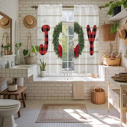 Christmas Wreaths Window Curtains 63 Inch Long 2 Panel Set, Rod Pocket Bedroom Curtains & Drapes, Winter Bow Plaid Farmhouse Wooden Grain Light Filtering Window Treatment for Living Room 42"W x 63"L