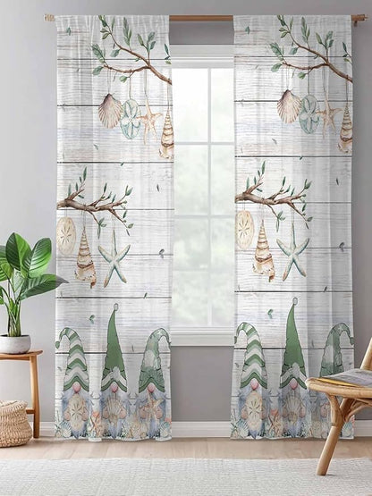 Sheer Curtains 108 Inches Long, Sage Green Gnomes Semi Sheer Curtains Light Filtering Window Treatment, Eucalypus Coastal Anchor Retro Wood Privacy Voile Drapes for Living Room Bedroom 52x108 Inch