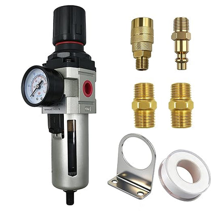 HengMinLingTong 1/2" NPT Compressed Air Filter Regulator Combo Piggyback, 5 Micron Brass Element, Poly Bowl, Auto Drain, Metal Bracket, 0-150 psi Gauge AW4000-04D