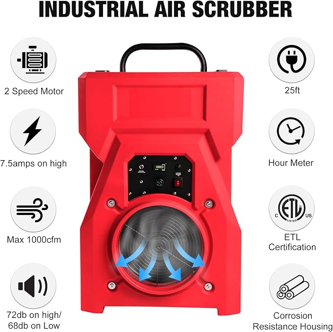 MOUNTO 1000cfm Portable Industrial Air Purifier Negative Air Scrubber - Powerful 1HP Motor, True HEPA Filter, 2-Speed, Handle and wheels 3-Year Warranty (Red)