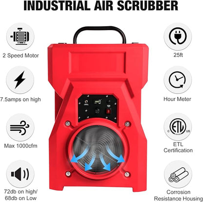 MOUNTO 1000cfm Portable Industrial Air Purifier Negative Air Scrubber - Powerful 1HP Motor, True HEPA Filter, 2-Speed, Handle and wheels 3-Year Warranty (Red)