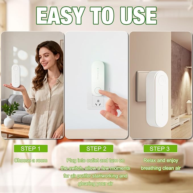 2Pcs Air Purifier Plug In No Filter Replacement, Silent Filterless Design/360° Coverage, Portable Negative Ion Generator for Bedrooms, Toilets, Closets, Pet Room(White)