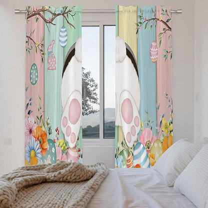 Easter Window Curtains 72 Inch Long 2 Panel Set, Rod Pocket Long Curtains & Drapes, Spring Colorful Bunny Eggs Flower Wood Grain Light Filtering Window Treatment for Bedroom Living Room 52"W x 72"L