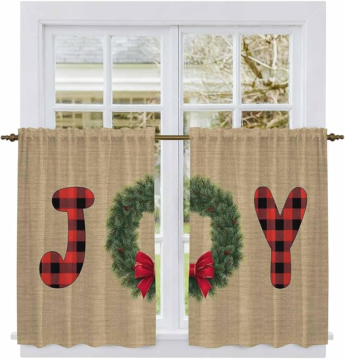 Red Green Christmas Kitchen Tier Curtains 45 Inch Long 2 Panel Set,Rod Pocket Short Window Treatment,Xmas Botanical Winter Farmhouse Curtains & Drapes for Bathroom Basement 27.5"W x 45"L
