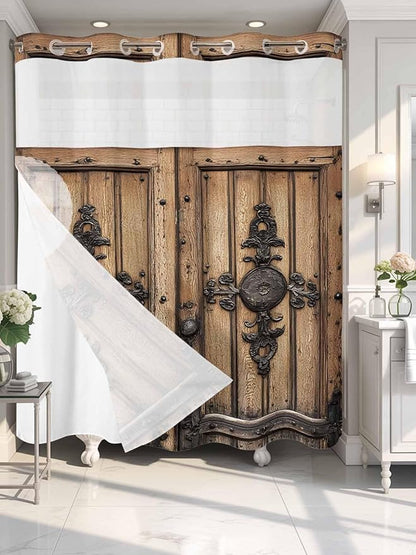 Wood Barn Door No Hook Shower Curtain with Snap in Liner Set, Waterproof Shower Curtains for Bathroom, Wooden Plank Fabric Shower Curtain, See Through Mesh Top Window, 72" W x 78" L