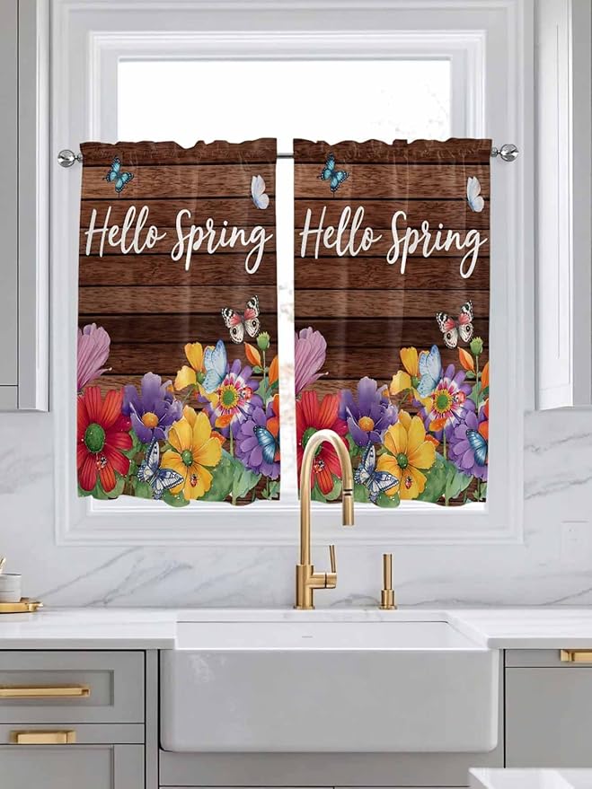 Spring Flowers Tier Curtains 45 Inches Long, Watercolor Farmhouse Colorful Wooden Grain Window Treatment Curtain Drapes, Small Curtain Drapes for Bathroom Laundry Room, 27.5"x45", 2 Panels
