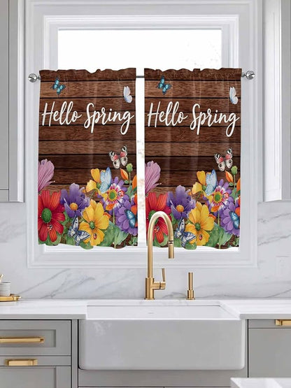 Spring Flowers Tier Curtains 45 Inches Long, Watercolor Farmhouse Colorful Wooden Grain Window Treatment Curtain Drapes, Small Curtain Drapes for Bathroom Laundry Room, 27.5"x45", 2 Panels