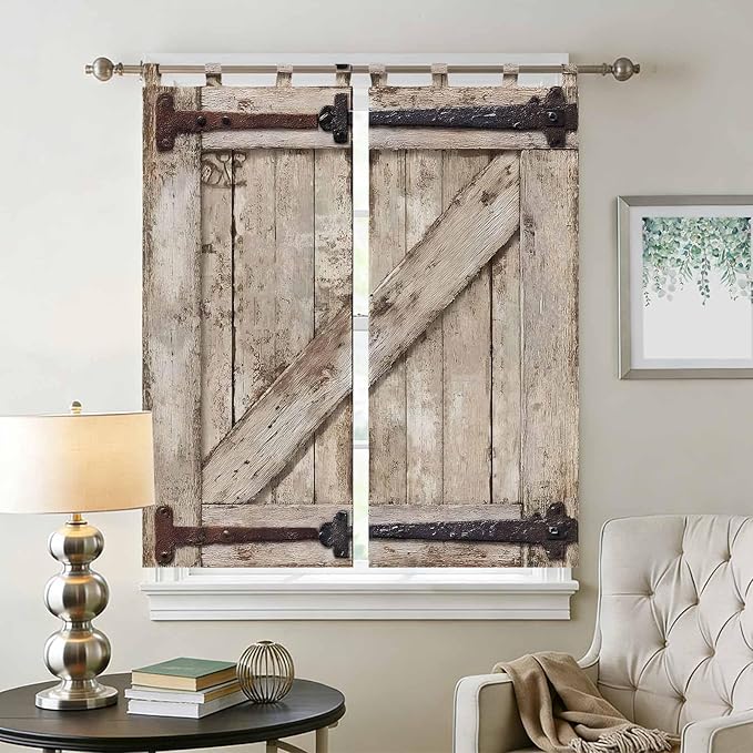 Farmhouse Wood Grain Bedroom Curtains 72 Inch Length, Window Curtains Tab Top, Vintage Country Barn Gate Brown Light Filtering Window Treatments Drapes 52"x72" 2 Panel