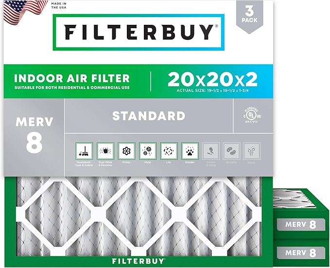 Filterbuy 20x20x2 Air Filter MERV 8 Essential Dust & Allergy Defense (3-Pack), Electrostatic Pleated HVAC AC Furnace Filters Replacement, Made in USA (Actual Size: 19.50 x 19.50 x 1.75)
