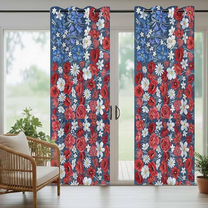 4th of July Outdoor Curtains for Patio Patriotic Flowers Farmhouse Red Waterproof Outside Curtains with Grommet Top Weatherproof Curtain for Cabana Pergola Gazebo, 1 Panel, 54" W x 95" L