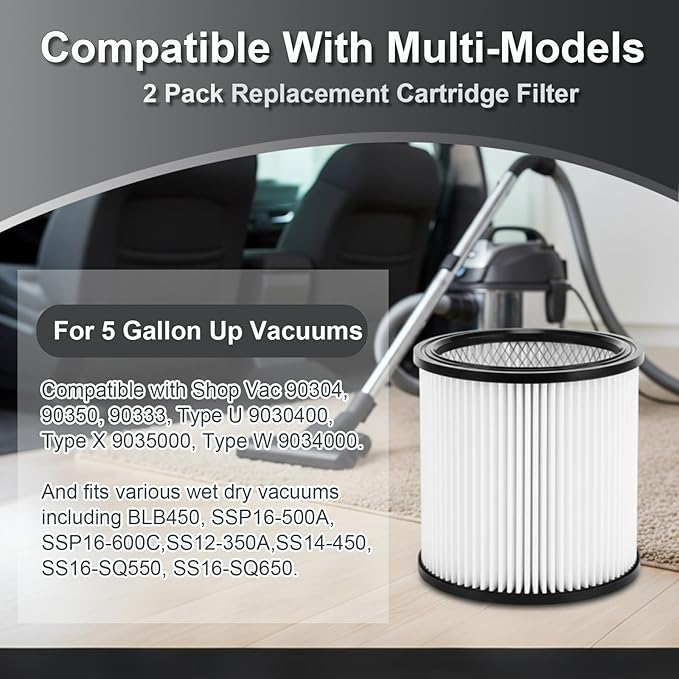 2 Pack Replacement Cartridge Filter for Shop Vac 90304 90350 90333, Compatible with Type U X W 9030400 9035000 9034000, Fit 5 Gallon Up Wet/Dry Vacuum Cleaners, Washable & Reusable (2 pack)