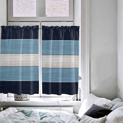 Vintage Country Woodcuts Window Valance Curtains, Blue Gradient Striped Light Filtering Kitchen Valance with 3-inch Rod Pocket for Living Room Bathroom Bedroom,2 Panel,27.5x45In