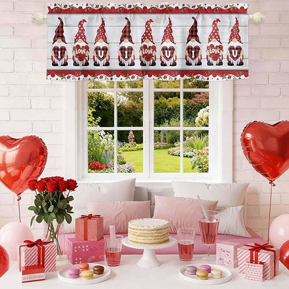 I Love U Valance Curtains for Kitchen, Valentine's Day Dwarf Romantic Wood Grain Privacy Rod Pocket Valance Curtain, Light-Filtering Window Treatment for Bedroom Bathroom, 42"x12"
