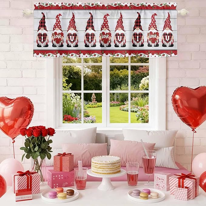 I Love U Valance Curtains for Kitchen, Valentine's Day Dwarf Romantic Wood Grain Privacy Rod Pocket Valance Curtain, Light-Filtering Window Treatment for Bedroom Bathroom, 54"x18"