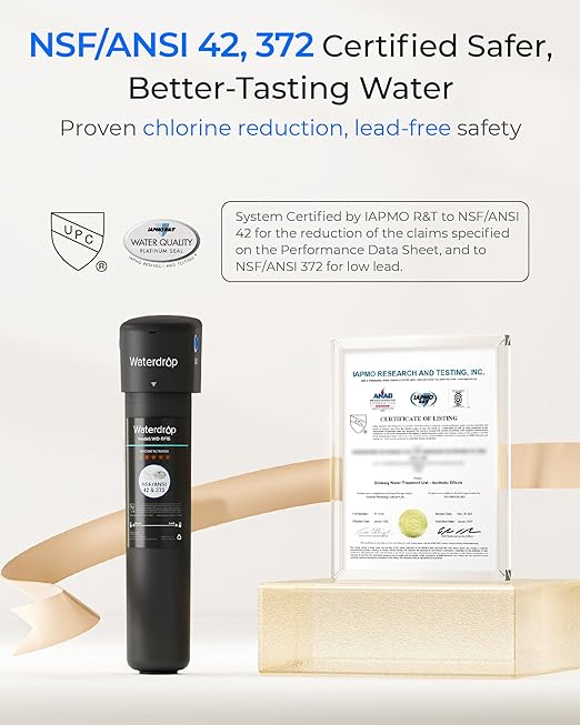 Waterdrop 15UA Under Sink Water Filter System, 2 Years, Reduces Lead, Chlorine, Bad Taste & Odor, Under Counter Water Filter Direct Connect to Kitchen Faucet, NSF/ANSI 42 Certified, USA Tech