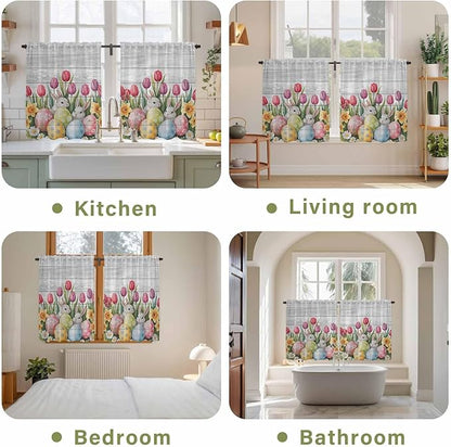 Easter Kitchen Curtains 45 Inch Long 2 Panel Set, Rod Pocket Window Treatment, Retro Spring Bunny Eggs Tulip Farm Wooden Grain Light Filtering Short Curtains & Drapes for Bathroom Laundry 52"W x 45"L