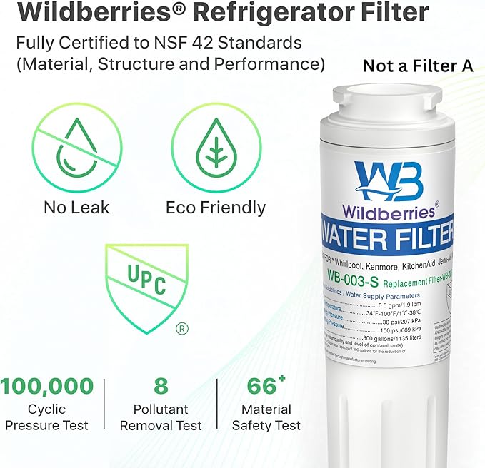Wildberries UKF8001 NSF Certified Refrigerator Water Filter Replacement for Everydrop Filter 4, EDR4RXD1, UKF8001,Maytag UKF8001, Whirlpool EDR4RXD1, 4396395,Kenmore 9084, 9006, Pack of 3