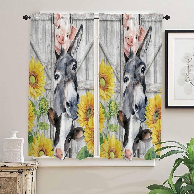 Farmhouse Bedroom Curtains 63 Inches length, Watercolor Sunflowers Animals Printed Wood Grain Window Treatment Curtain Drapes, Rod Pocket Curtain Panels for Living Room Kitchen, 42"x63", 2 Panels