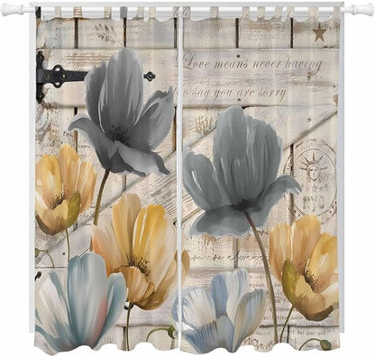 Spring Tulips Flower Living Room Curtains 84 Inch Length, Window Curtains Tab Top, Vintage Floral Barn Doors Rustic Beige Light Filtering Window Treatments Drapes 52"x84" 2 Panel