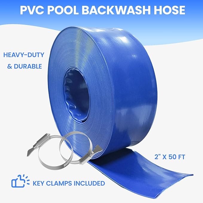 Poolvio Backwash Hose 2" x 50 ft, Blue Lay-Flat PVC Drain Hose with 2 Stainless Steel Thumb Screw Clamps, Tear-Resistant & Leak-Free for Swimming Pool Filter Cleaning, Flooded Area, Pond Draining