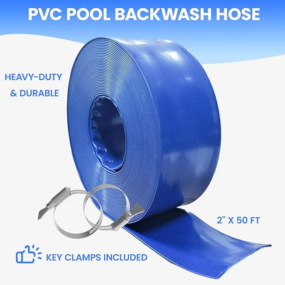 Poolvio Backwash Hose 2" x 50 ft, Blue Lay-Flat PVC Drain Hose with 2 Stainless Steel Thumb Screw Clamps, Tear-Resistant & Leak-Free for Swimming Pool Filter Cleaning, Flooded Area, Pond Draining