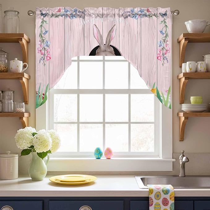 Swag Valance Curtains, Easter Cute Rabbit and Colorful Eggs Rod Pocket Valances Swag Topper for Kitchen Windows, Pink Farm Wooden Barn Light Filtering Short Curtain for Bedroom Bathroom 56x36In