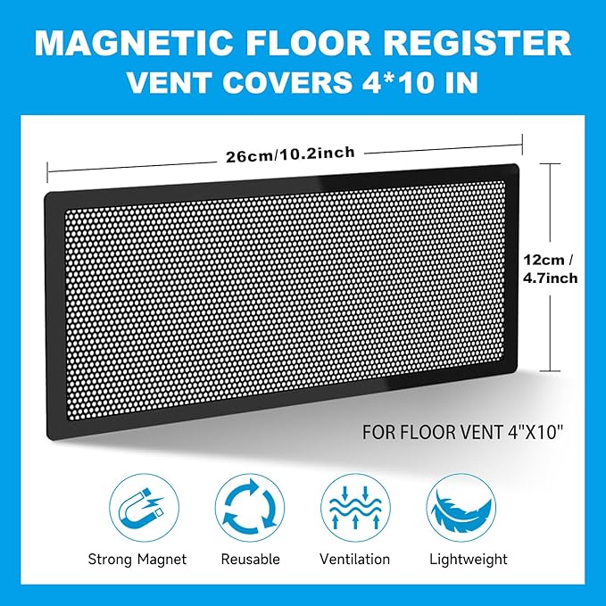 4 PCS Magnetic Vent Covers - 4.7"x10.2" Magnetic Air Vent Screen - for Floor/Wall/Ceiling Registers - Easy Install, Secure Fit - Durable(Fits Registers 5" to 6" W x 10" to11" L)