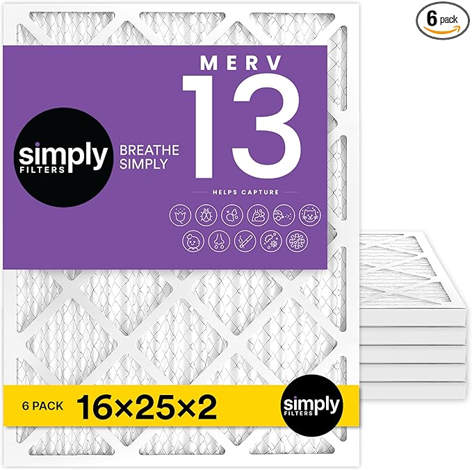 Simply 16x25x2 Air Filter, MERV 13, 6 Pack, Furnace Air Filter for HVAC (Actual Size: 15.5"x24.5"x1.75") DUST, Pet & Allergy Control