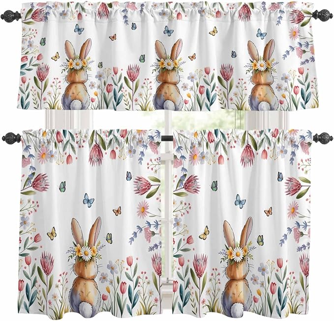 Kitchen Curtains Tiers and Valance Set of 3, Easter Light Filtering Window Curtain Set, Spring Flowers Wreath Rabbit Budding Florals Rod Pocket Curtain Drapes for Cafe, Living Room, 36 Inches Tiers
