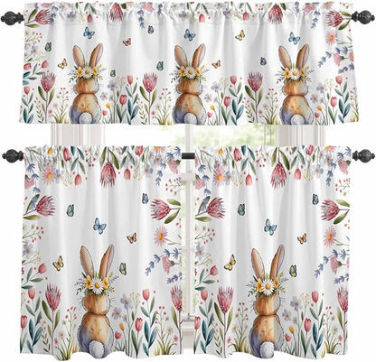 Kitchen Curtains Tiers and Valance Set of 3, Easter Light Filtering Window Curtain Set, Spring Flowers Wreath Rabbit Budding Florals Rod Pocket Curtain Drapes for Cafe, Living Room, 36 Inches Tiers