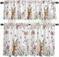 Kitchen Curtains Tiers and Valance Set of 3, Easter Light Filtering Window Curtain Set, Spring Flowers Wreath Rabbit Budding Florals Rod Pocket Curtain Drapes for Cafe, Living Room, 36 Inches Tiers