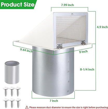 7 Inch Hooded Wall Vent with Mesh and Damper,7'' Exhaust Vent Cover Cap Outside,Wall Vent Hood Duct Cap Exterior for Kitchen Range Hood/Dryer/Laundry/Bathroom Exhaust Fan Vent,Galvanized Steel,White