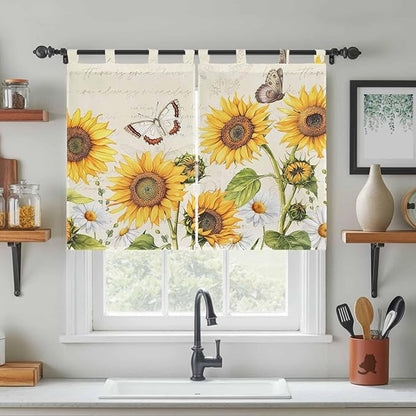 Farm Sunflowers Kitchen Curtains 45 Inch Length, Short Cafe Window Curtains Tab Top, Retro Flowers Butterfly Botanical Beige Light Filtering Window Treatments Tier Drapes 27.5"x45" 2 Panel