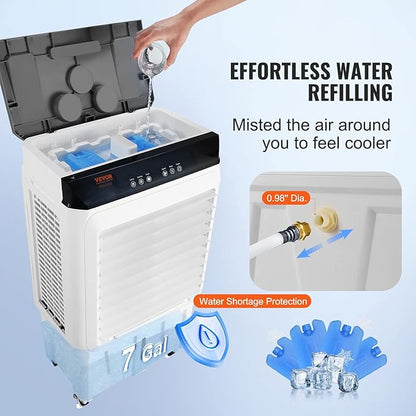 VEVOR Evaporative Air Cooler,2100 CFM 13X34 inch Air Cooler,3 Speeds and 12H Timer Portable Air Conditioner,Energy-Saved Swamp Cooler for party,pool and patio,7 Gal Water Tank & 750 Sq.Ft