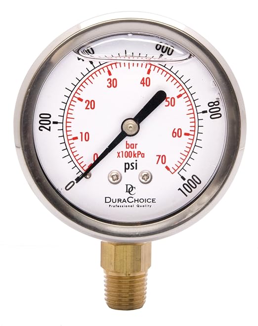 2-1/2" Oil Filled Pressure Gauge - Stainless Steel Case, Brass, 1/4" NPT, Lower Mount Connection, 0-1,000PSI