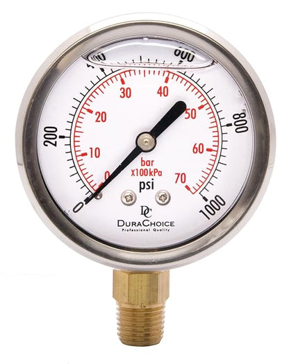 2-1/2" Oil Filled Pressure Gauge - Stainless Steel Case, Brass, 1/4" NPT, Lower Mount Connection, 0-1,000PSI